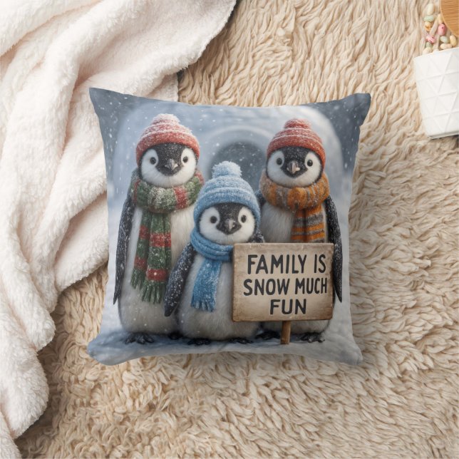 Pinguin-Familie mit Spaß-Zeichen Kissen (Decke)