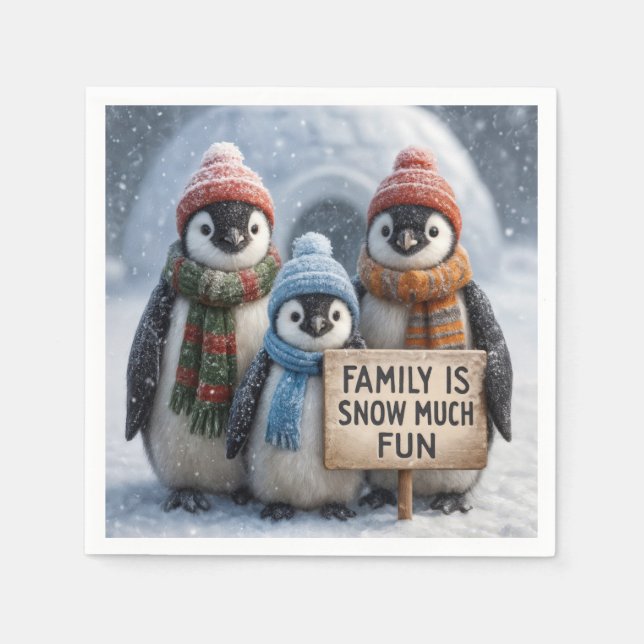 Pinguin-Familie mit Spaß-Zeichen Serviette (Vorderseite)