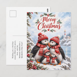 Pinguin-Familien-Weihnachten Traditionelle Kunst F Postkarte