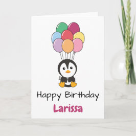Pinguin fliegt mit farbenfroher Balloonkarte auf Karte