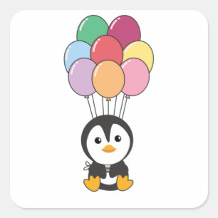 Pinguin fliegt mit farbigen Balloons auf Quadratischer Aufkleber