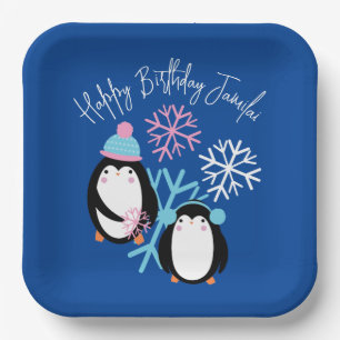 Pinguin-Geburtstags-Schneeflocken Rosa Blau Winter Pappteller