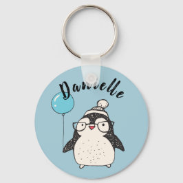 Pinguin Holding a Balloon Personalisiert Blue Schlüsselanhänger
