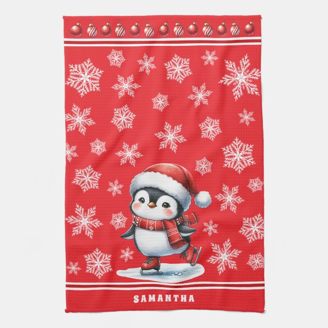 Pinguin Ice Skater Feierliche Weihnachten Geschirrtuch (Vertikal)