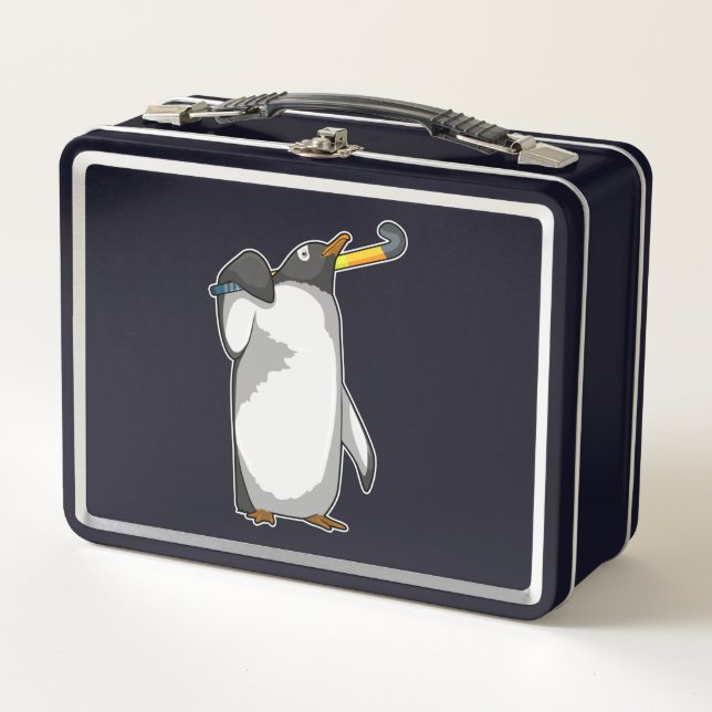 Pinguin im Hockey mit Hockeystick Metall Brotdose (Vorderseite)