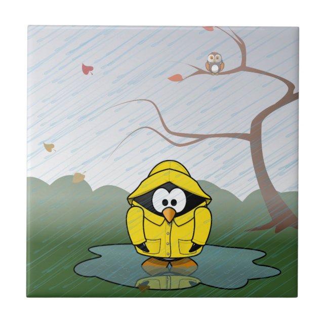 Pinguin im Regen Fliese (Vorderseite)
