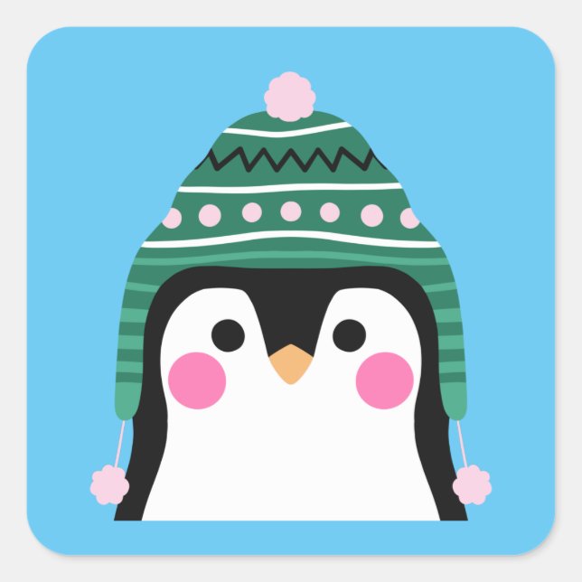 Pinguin im Winter Tuque Quadratischer Aufkleber (Vorderseite)