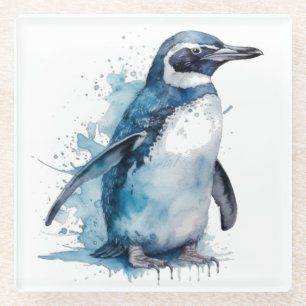 Pinguin in blauer Wasserfarbe Glasuntersetzer