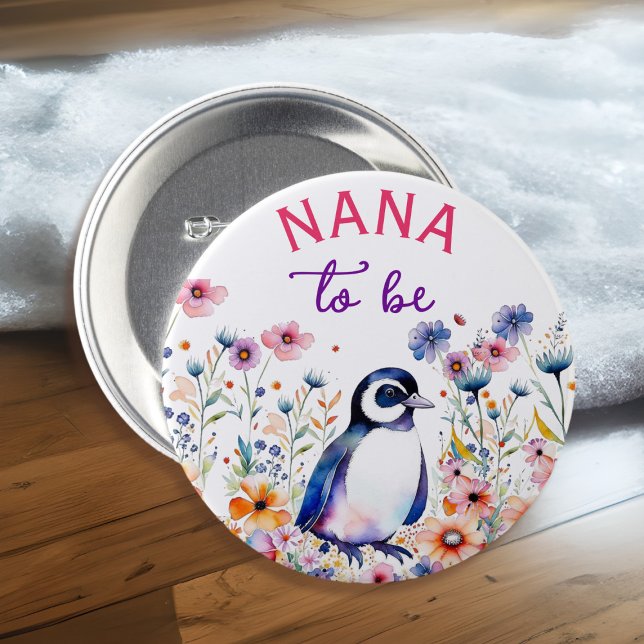 Pinguin in Blume Baby Dusche Nana zu sein Button (Von Creator hochgeladen)