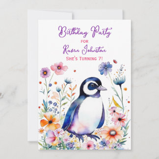 Pinguin in Blume Girl's Birthday Einladung