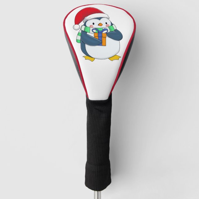 Pinguin in einem Weihnachtshut mit Geschenk Golf Headcover (Vorderseite)