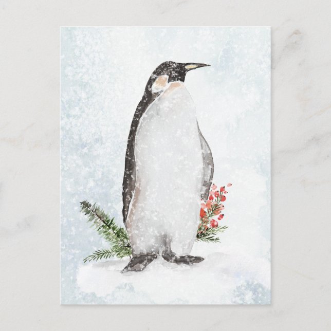 Pinguin in einer eisigen, schneesicheren Winterlan Postkarte (Vorderseite)