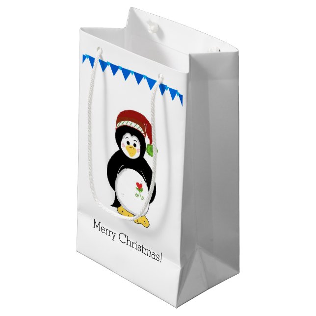 Pinguin in einer Weihnachtsmannmütze Kleine Geschenktüte (Vorderseite Schrägansicht)