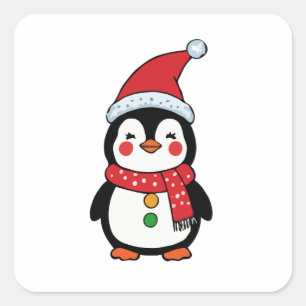 Pinguin in einer Weihnachtsmannmütze Quadratischer Aufkleber