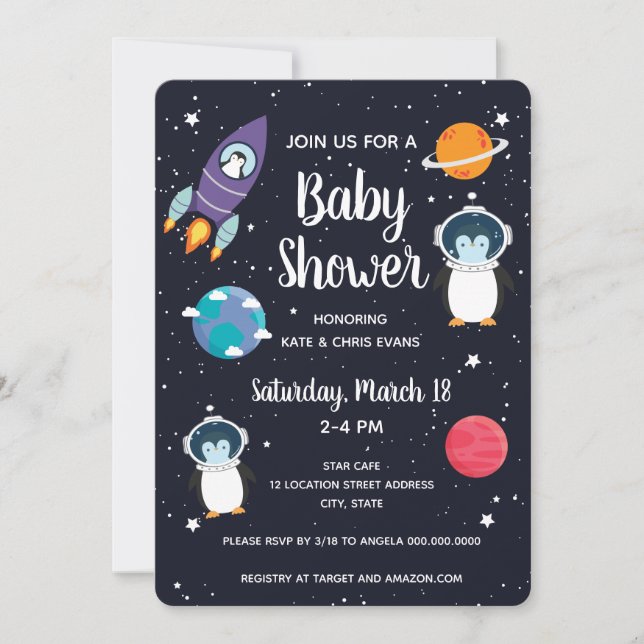 Pinguin in Space Baby Showroom Navy Galaxy Einladung (Vorderseite)