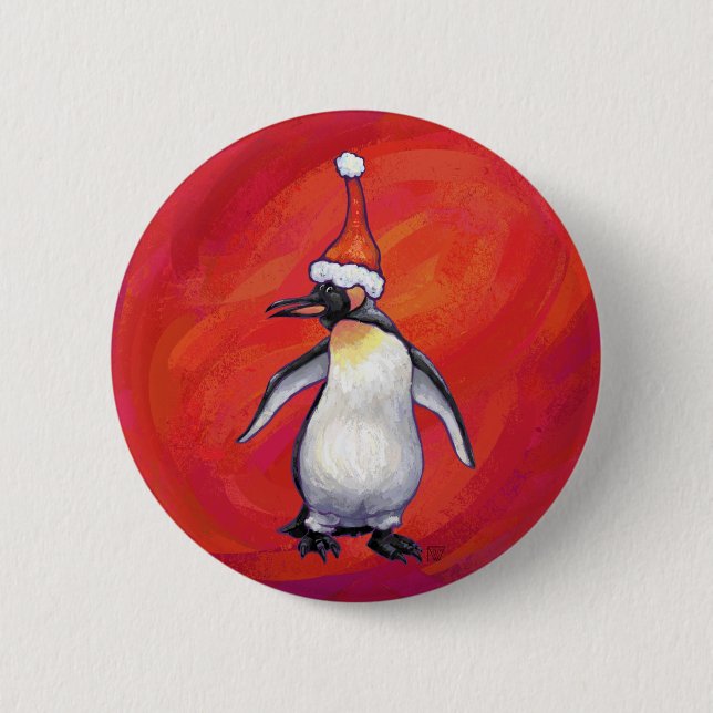 Pinguin in Weihnachtsmannmütze auf Rot Button (Vorderseite)