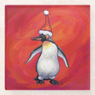Pinguin in Weihnachtsmannmütze auf Rot Glasuntersetzer