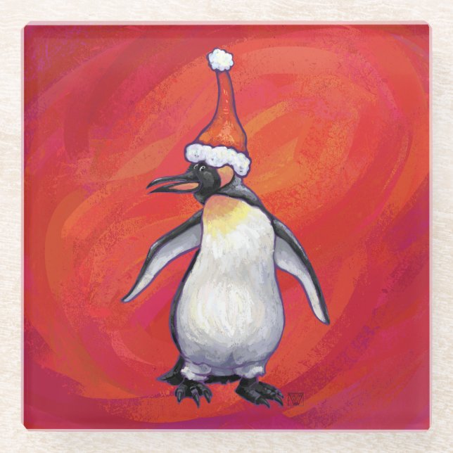 Pinguin in Weihnachtsmannmütze auf Rot Glasuntersetzer (Vorderseite)