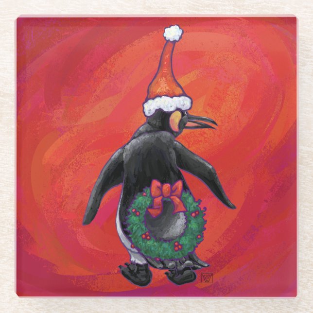 Pinguin in Weihnachtsmannmütze auf Rot Glasuntersetzer (Vorderseite)
