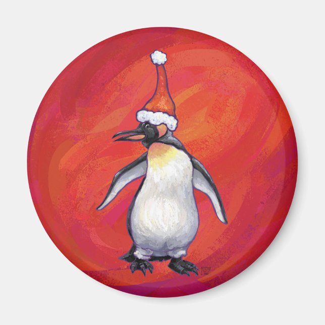Pinguin in Weihnachtsmannmütze auf Rot Magnet (Vorne)