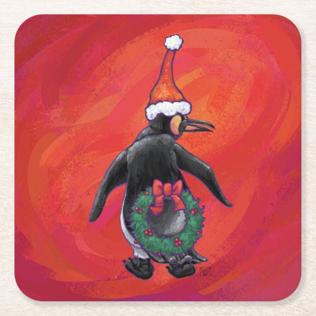 Pinguin in Weihnachtsmannmütze auf Rot Rechteckiger Pappuntersetzer (Vorderseite)