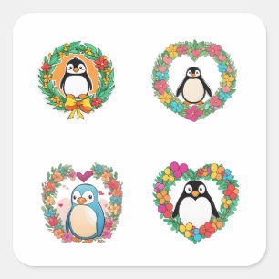 Pinguin Inside Wreath Doodle Art 4 Pack Stic Quadratischer Aufkleber