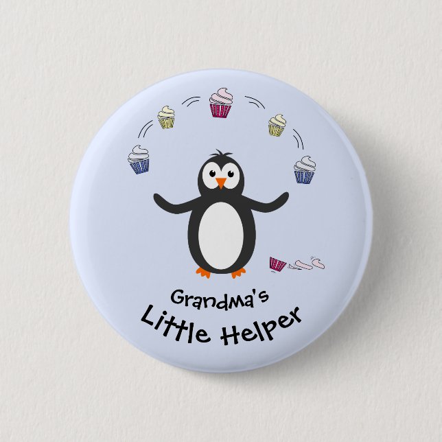 Pinguin jonglieren Kuchen kleine Helfer blau Button (Vorderseite)