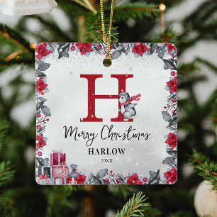 Pinguin Kids Name Monogram Weihnachten Keramikornament