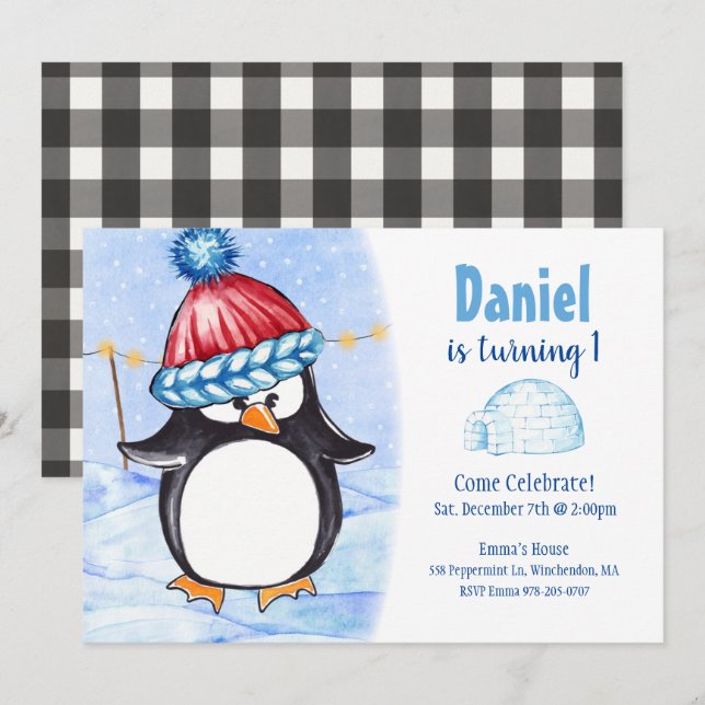 Pinguin Kindergeburtstag Party Einladung (Vorne/Hinten)