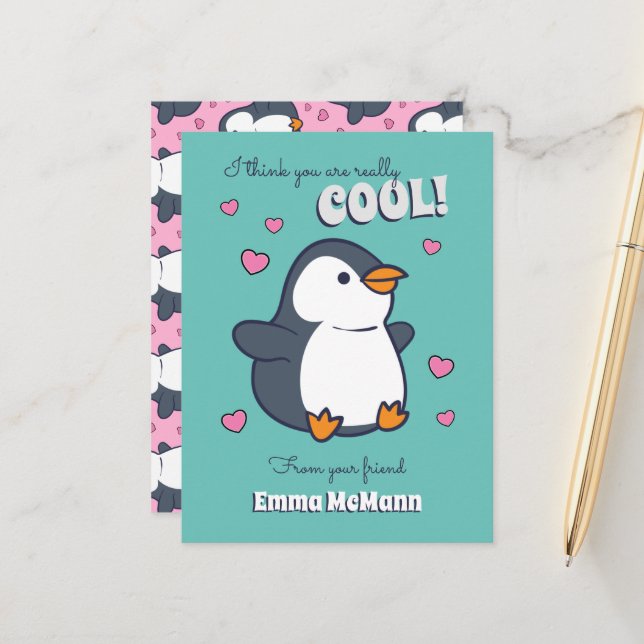 Pinguin-Klasse Valentine Niedliche Kinderkarte Postkarte (Vorderseite/Rückseite Beispiel)