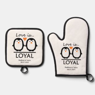 Pinguin Liebe individuellen Namen & Datum Ofenhandschuh & Topflappen-Set