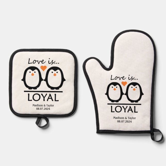 Pinguin Liebe individuellen Namen & Datum Ofenhandschuh & Topflappen-Set (Vorderseite)