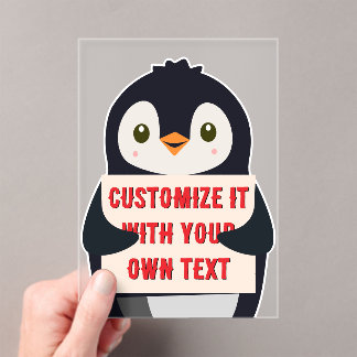 Pinguin-Maskottchen hält ein Schild für benutzerde Acryleinladungen