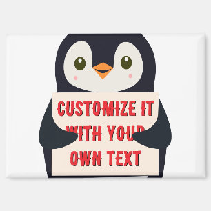 Pinguin-Maskottchen hält ein Schild für benutzerde Magnet