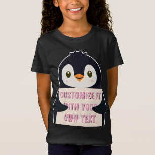 Pinguin-Maskottchen hält ein Schild für benutzerde T-Shirt