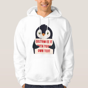 Pinguin-Maskottchen hält ein Schild mit individuel Hoodie