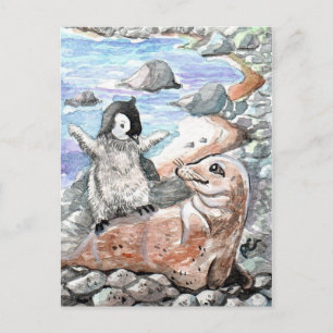 Pinguin mit Baby-Siegel Postkarte