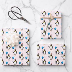 Pinguin mit blauem Ballon Geschenkpapier Set