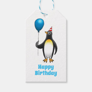 Pinguin mit blauem Ballon und Party-Hut Geschenkanhänger