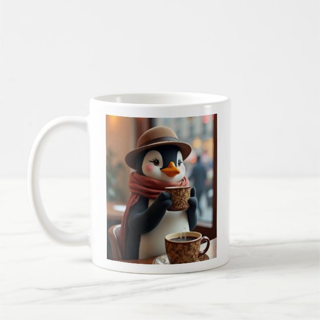 Pinguin mit einer Tasse Kaffee-Tasse (Links)