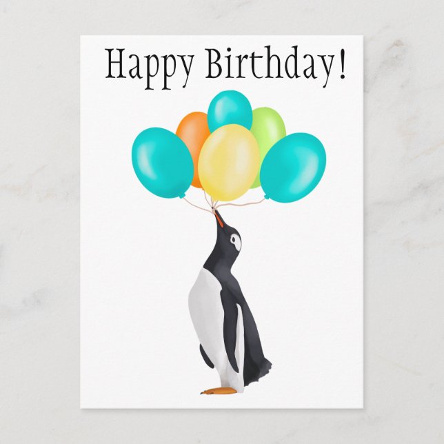 Pinguin mit farbenfrohen Balloons - Alles Gute zum Postkarte (Vorderseite)
