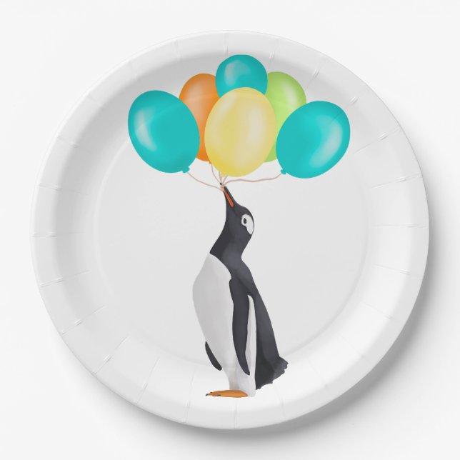 Pinguin mit farbenfrohen Balloons Pappteller (Vorderseite)