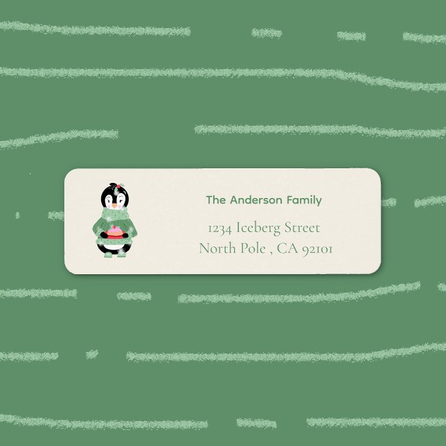 Pinguin mit Figgy-Pudding-Rücksendeadressetikett (Festive Holiday return address label featuring a cartoon penguin holding a figgy pudding . )