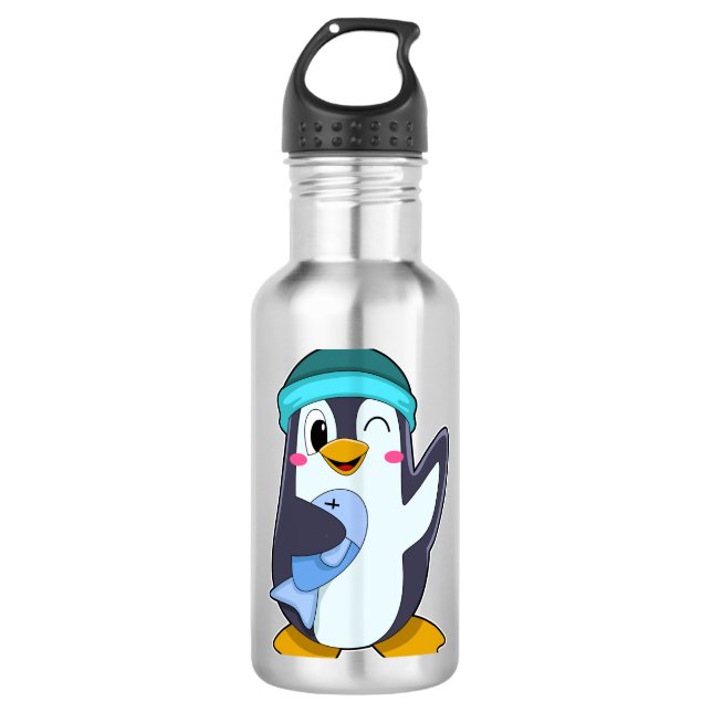 Pinguin mit Fisch & Hut Edelstahlflasche (Vorderseite)