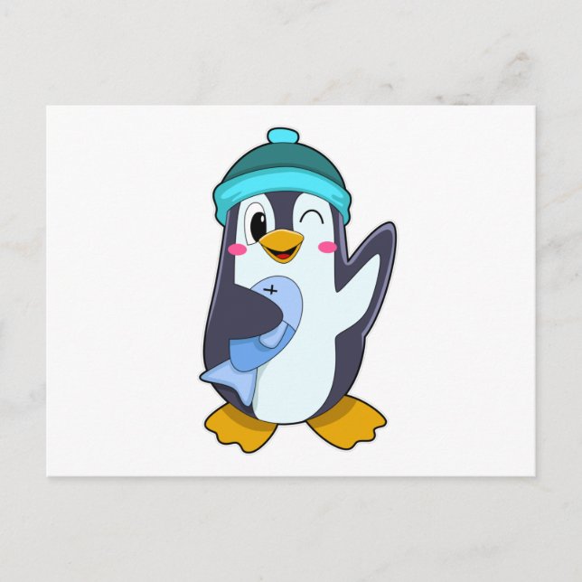 Pinguin mit Fisch & Hut Postkarte (Vorderseite)