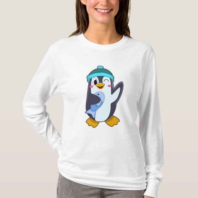 Pinguin mit Fisch & Hut T-Shirt (Vorderseite)