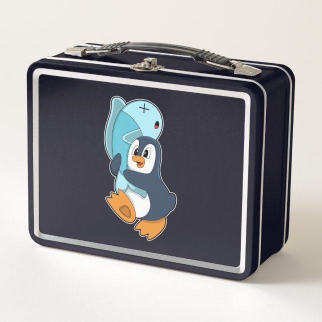 Pinguin mit Fisch Metall Brotdose (Vorderseite)