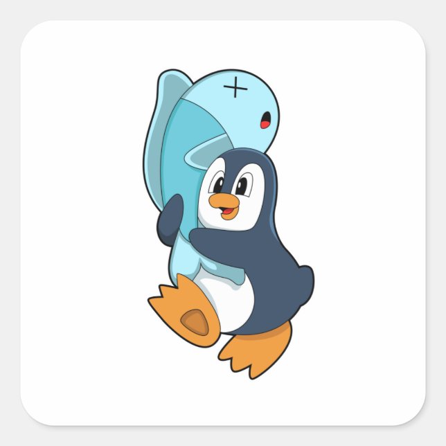 Pinguin mit Fisch Quadratischer Aufkleber (Vorderseite)