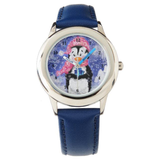 Pinguin mit Geschenk Weihnachtsschau Armbanduhr (Vorderseite)