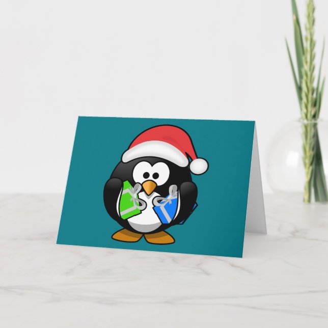 Pinguin mit Geschenken Feiertagskarte (Vorderseite)